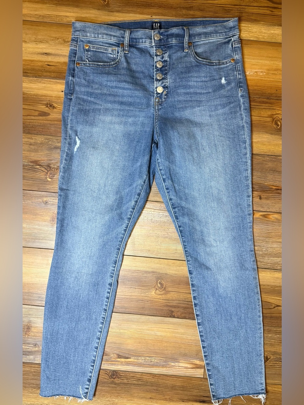 Gap Denim True Skinny Jeans Women’s 14/32 Medium Wash Raw Hem Button Fly Stretch